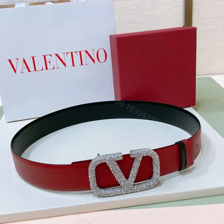 Bold Valentino Red Belt with Crystal Double-V Buckle — view 1