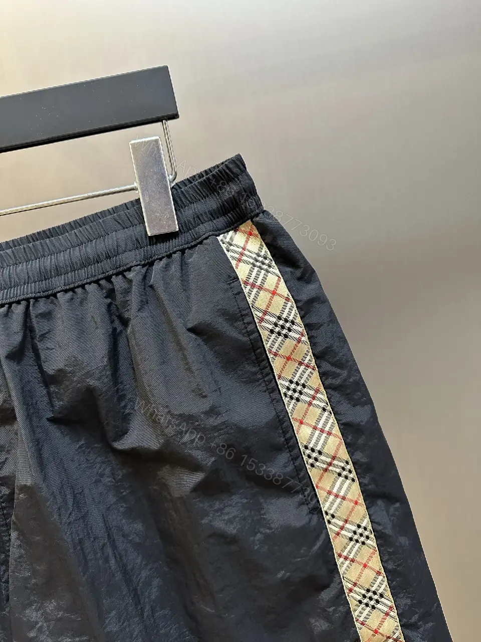 View 7 of Black Nylon Shorts Burberry Plaid Side Stripes Casual Elastic Waist Shorts