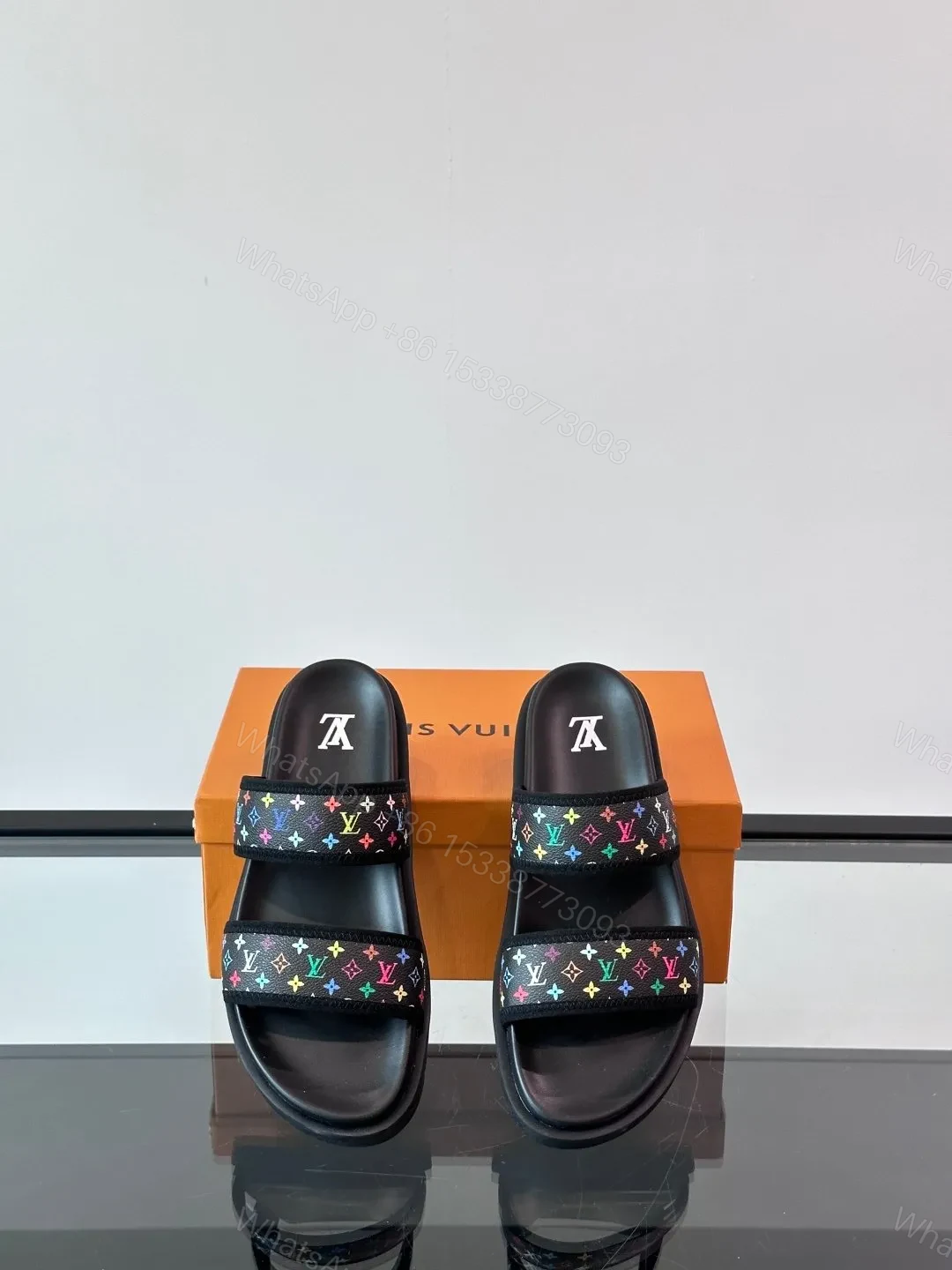 View 6 of LV Men Black Canvas Double Strap Slides