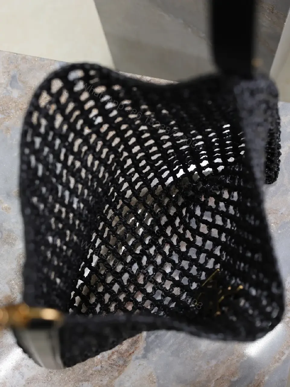 View 3 of Open-Knit Mesh Tote: Black Leather, Gold Monogram, Luxe Style