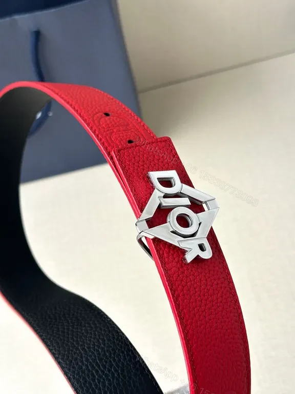 View 9 of Bold Red Leather Belt with Dior Logo Buckle - Statement Luxury Belt