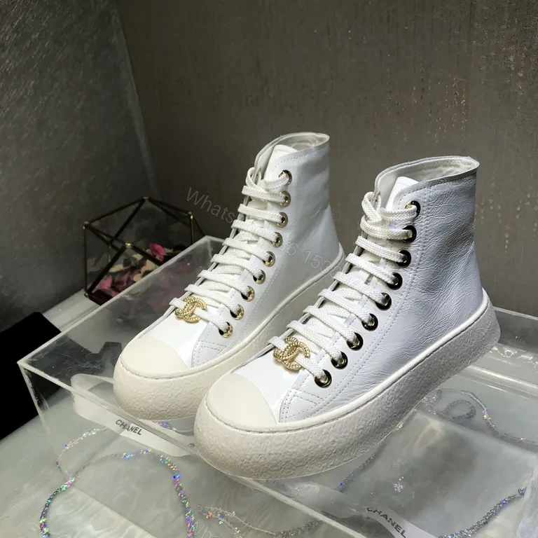 View 4 of Premium White High-Top Sneakers with Gold Emblem