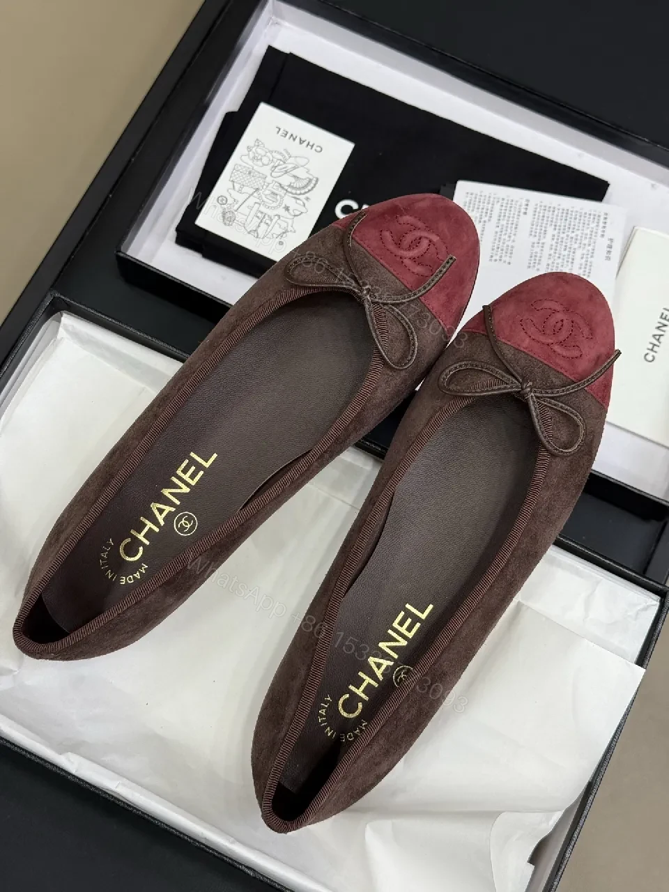 View 2 of Two-Tone Burgundy Suede Ballet Flats with Bow and Embossed Toe