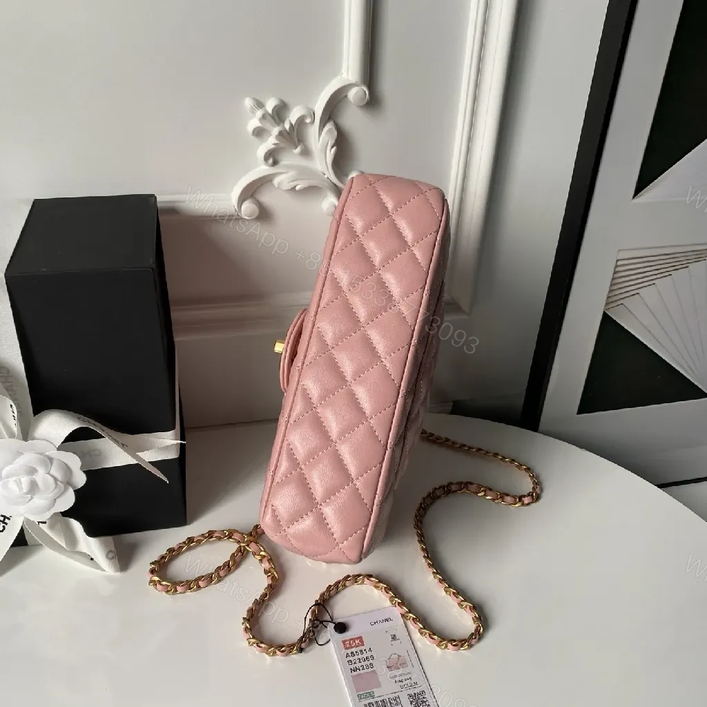 View 7 of Pink Quilted Flap Bag with Gold Chain - Luxury Crossbody Bag