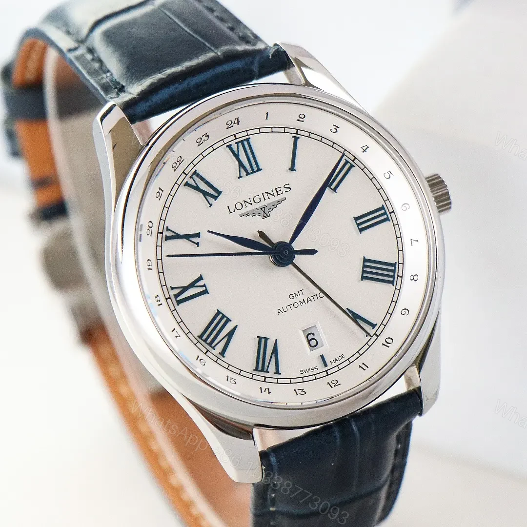View 5 of Longines Master Classic Reproduction GMT Dual Time Watch White Dial Black Leather Strap Roman Numerals
