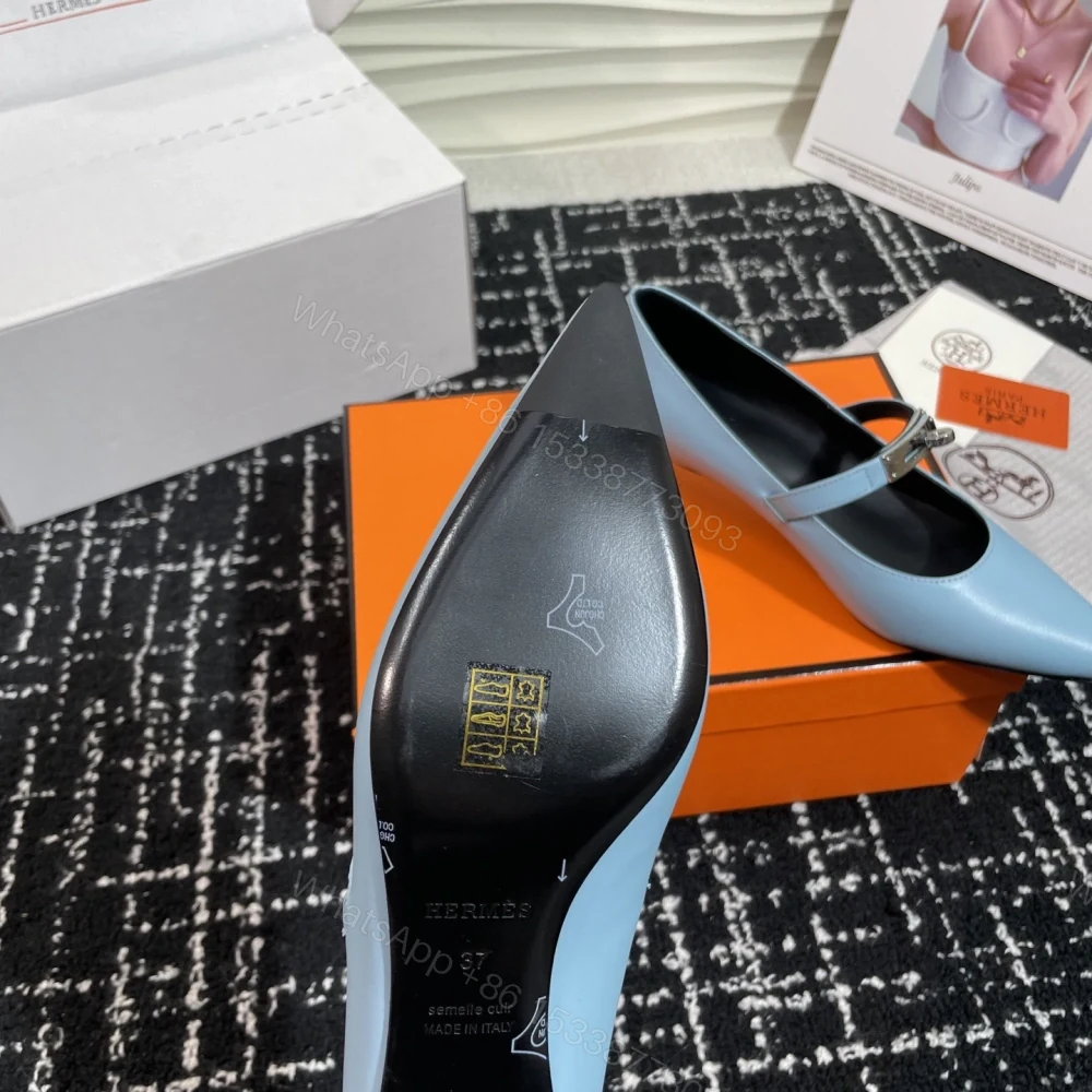 View 9 of 高仿Hermes*Kelly系列H251007Z07小牛皮高踭鞋藍色4CM免檢版