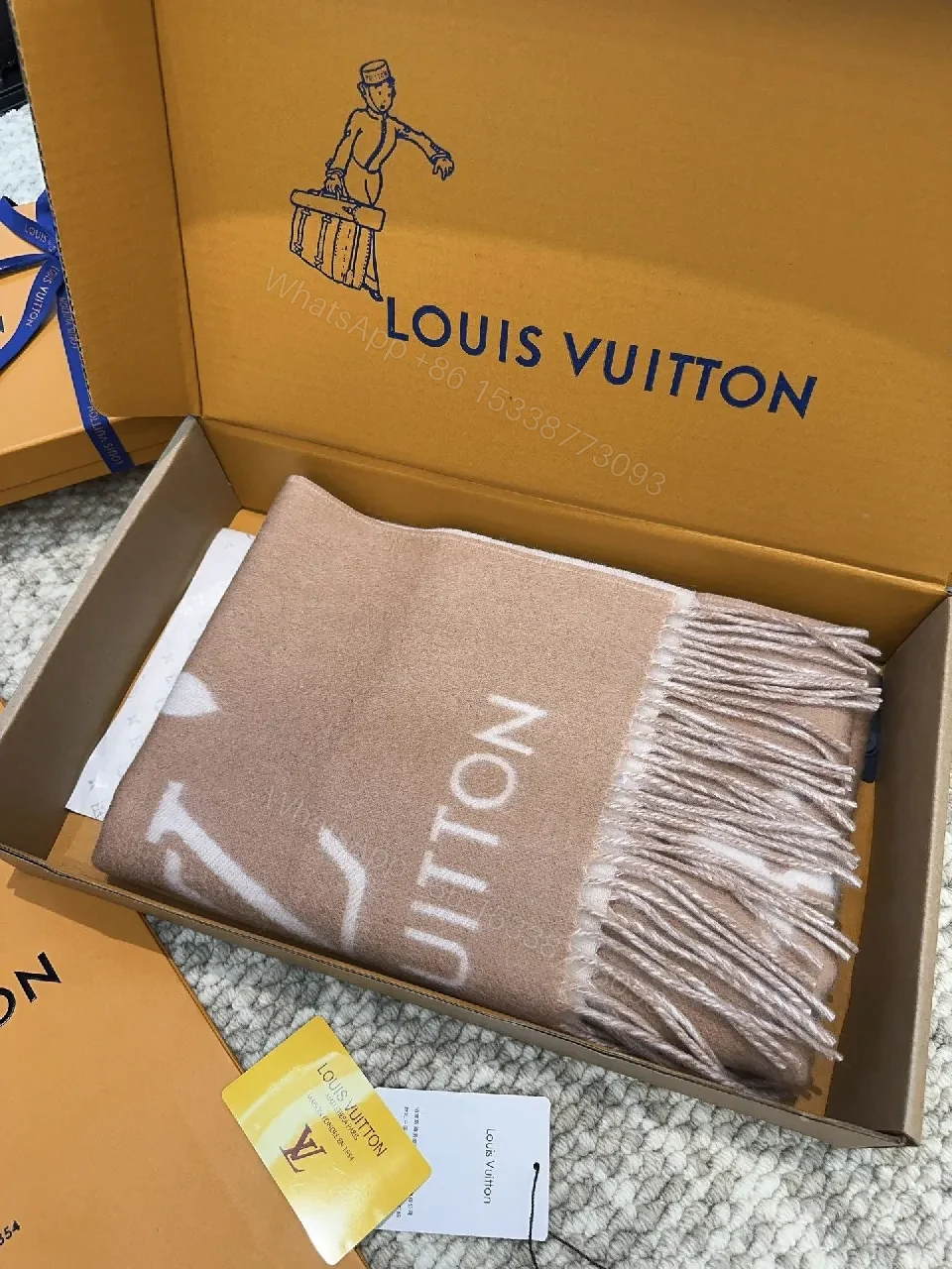 View 2 of Taupe Monogram Scarf: Soft, Luxurious, Fringed Wrap