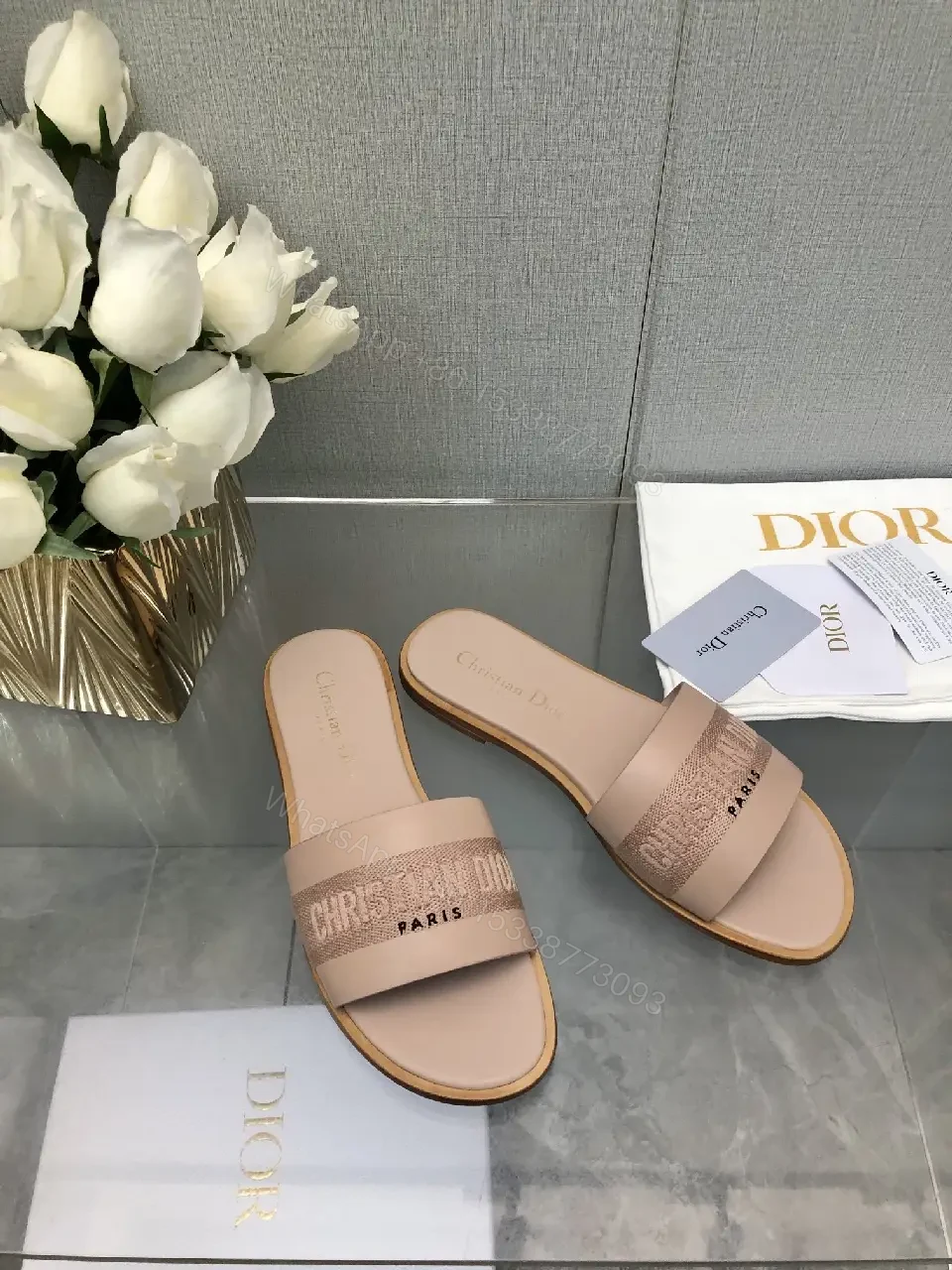 View 2 of Pink Beige Leather Slide Sandals with Dior Band - Paris Theme
