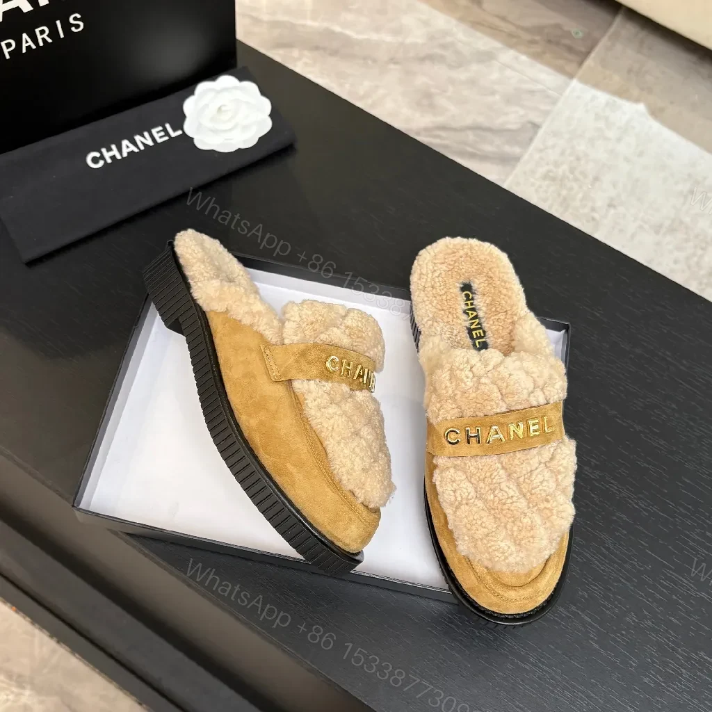 View 5 of Chic Shearling Mules: Gold Logo Slip-Ons, Camel Suede