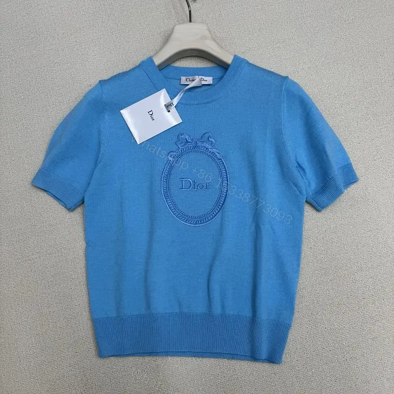 Mineral Blue Knit Top with Crest – Elevated Weekend Layer, Mid-Weight — view 1