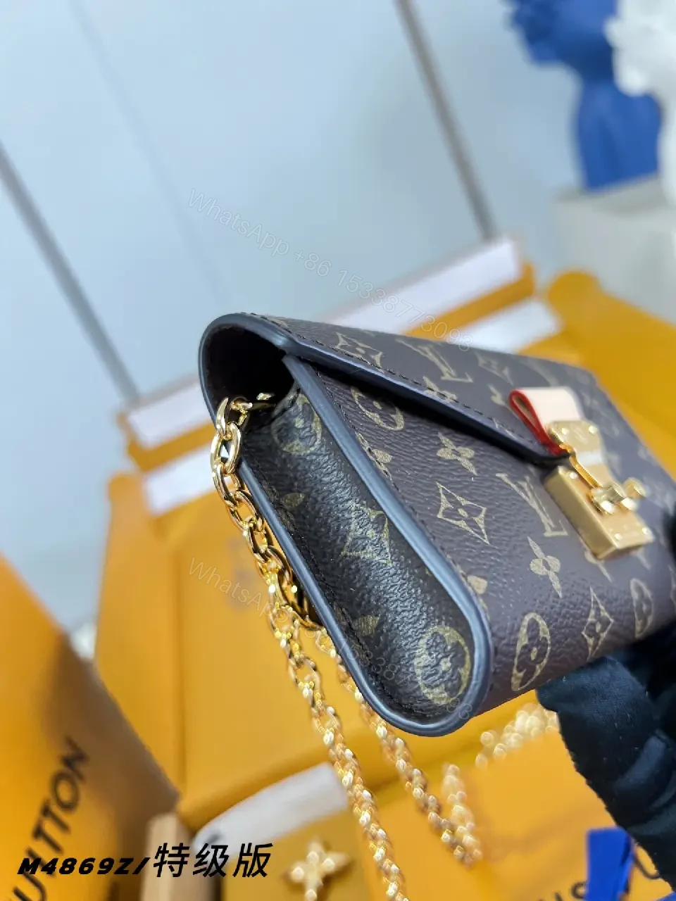 View 2 of Dark Brown LV Monogram Crossbody Satchel with Gold Chain Strap