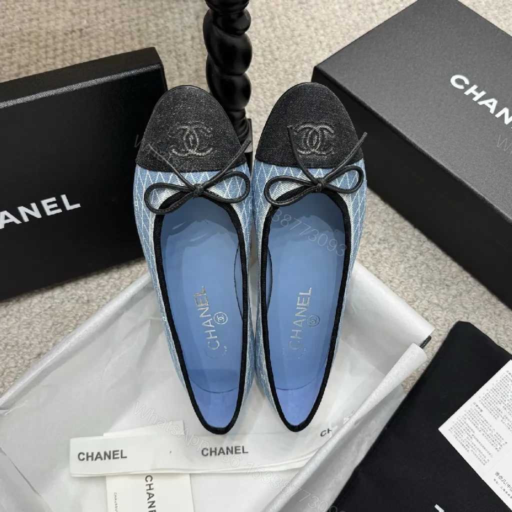 View 8 of Denim-Texture Pointed-Toe Flats with Monogram Detail – Luxe Everyday Style