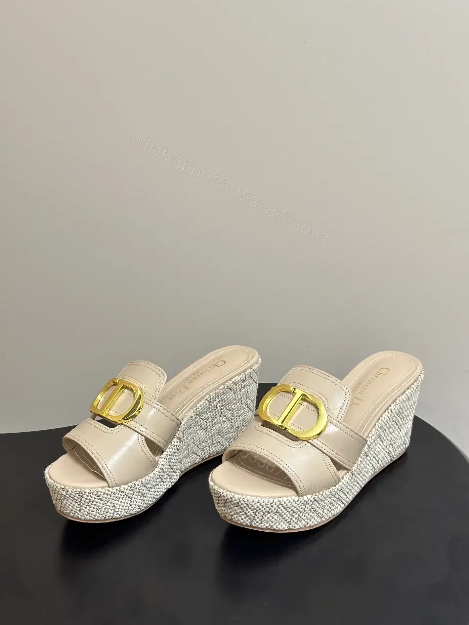 View 6 of Beige Leather Woven Wedge Sandals Dior-Style Gold Buckle Sandal