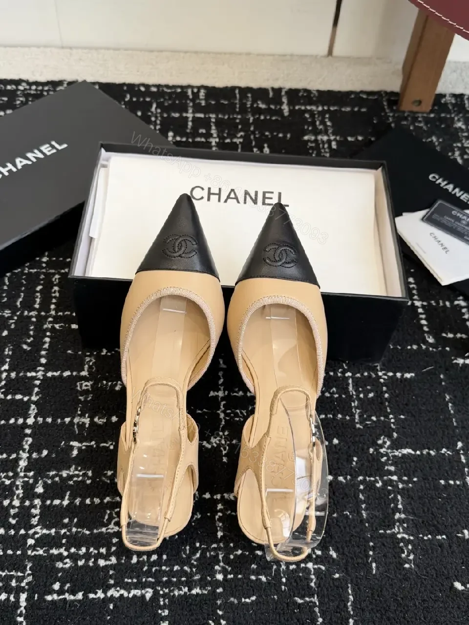View 10 of Beige & Black Two-Tone Leather Slingback Pump with Chanel Logo