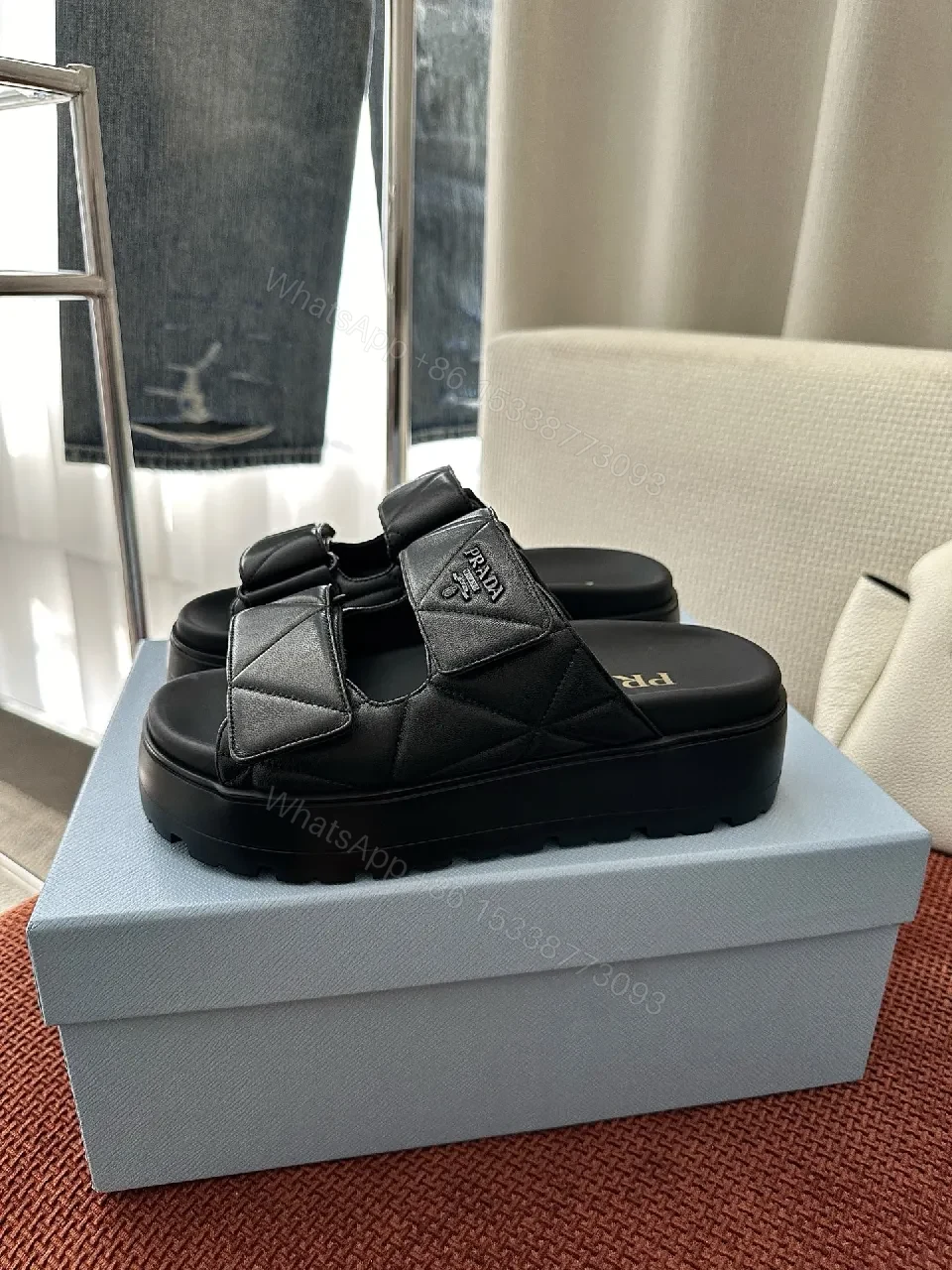 View 3 of Black Quilted Leather Slides | Structured Straps | All-Day Comfort