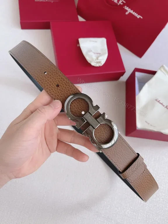 View 6 of Taupe Pebbled Leather Belt with Gancini Buckle - Ferragamo Style
