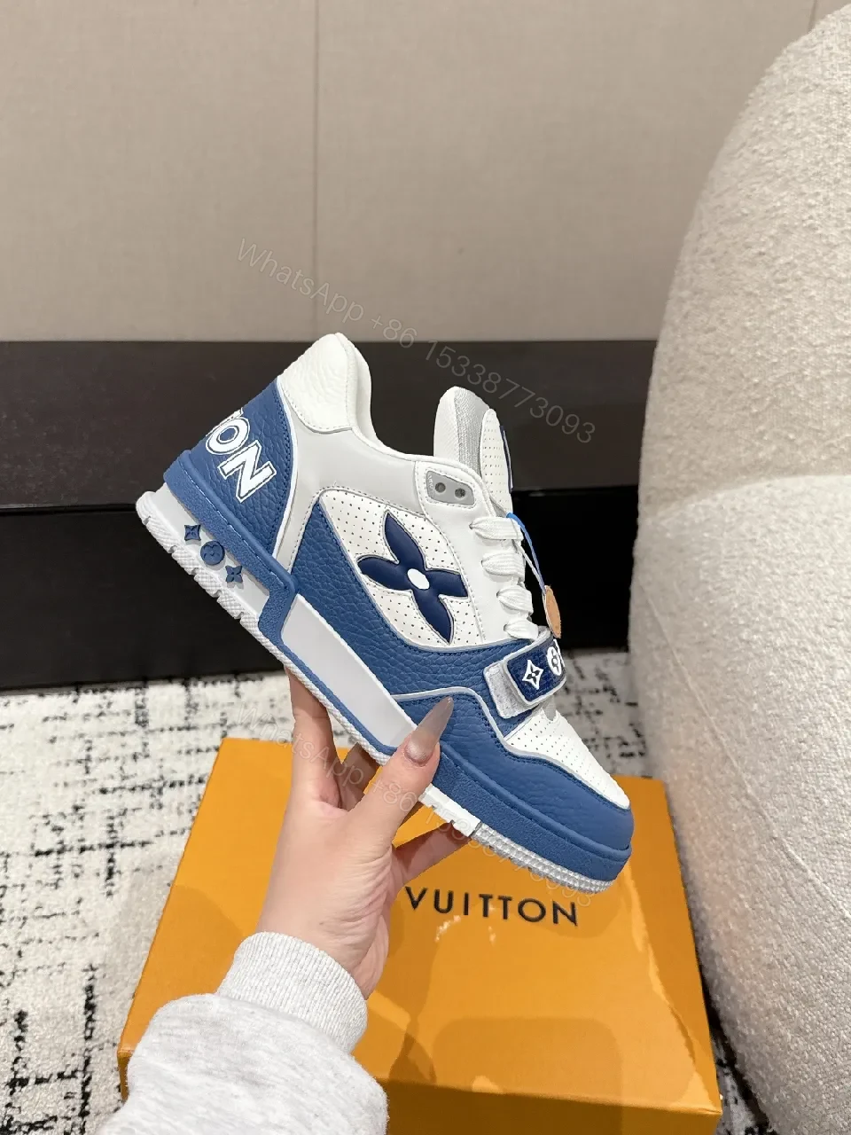 View 3 of Blue & White Luxe Leather High-Tops with LV Hints