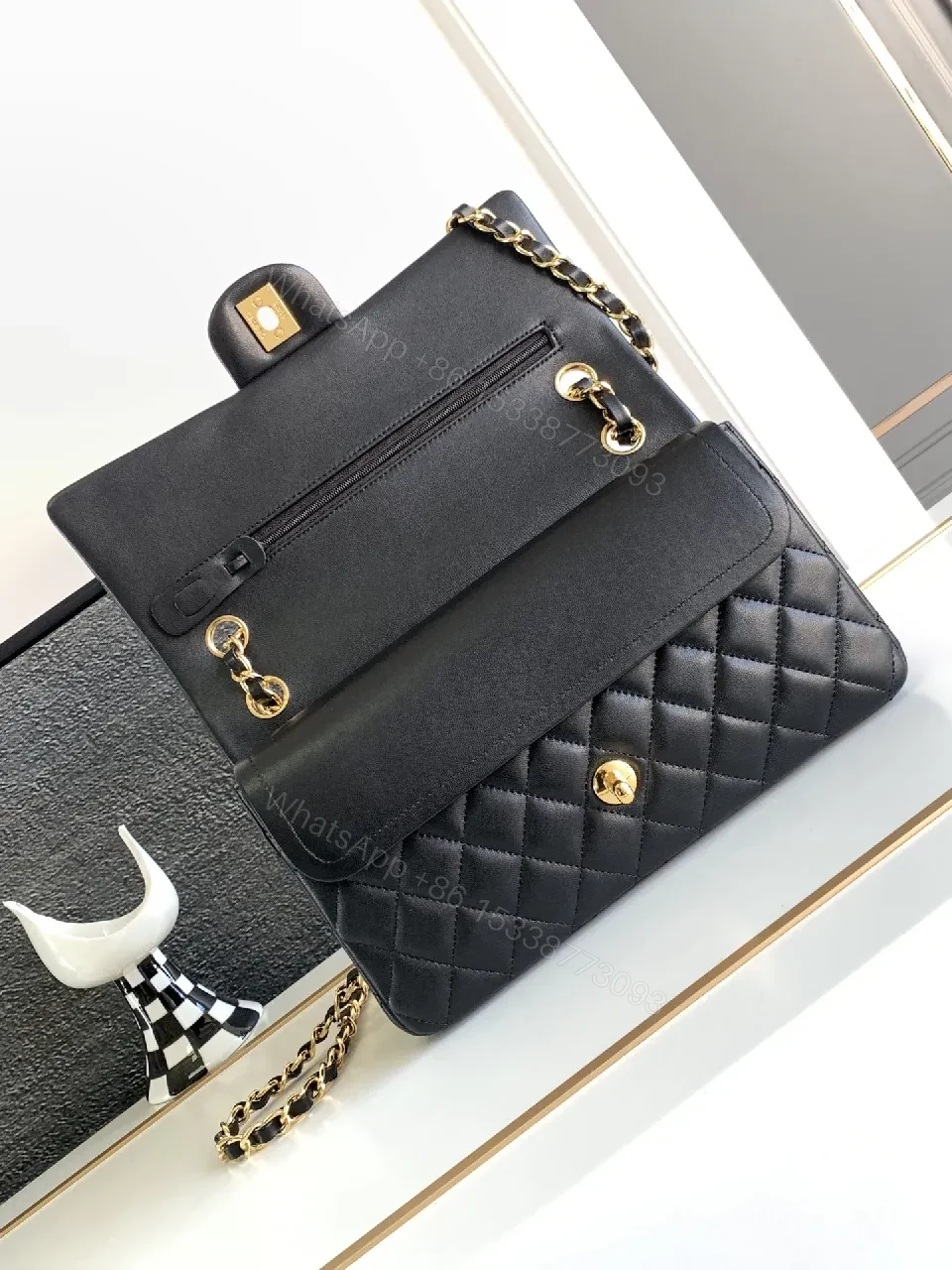 View 6 of Chic Quilted Black Leather Flap Bag with Gold Chain