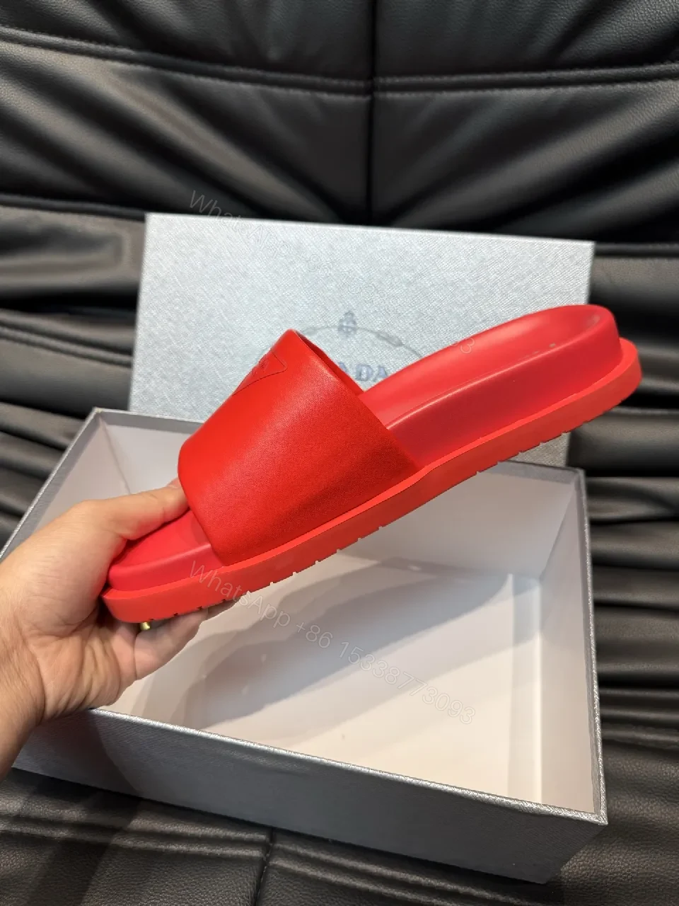 View 5 of Red Leather Minimalist Slides with Comfort-First Footbed