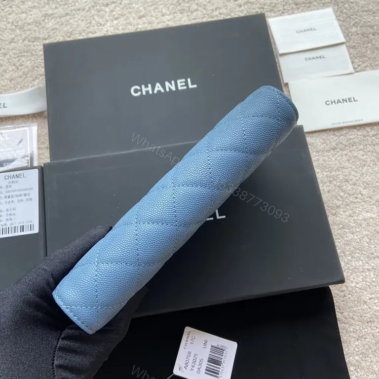 View 3 of Blue Quilted Denim Wallet: Chanel-Style, Gold Hardware, Compact Luxury