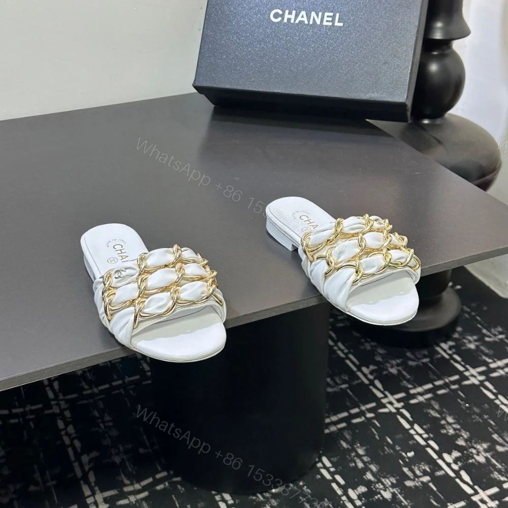 View 4 of Chanel Slide Sandals Gold Chain White