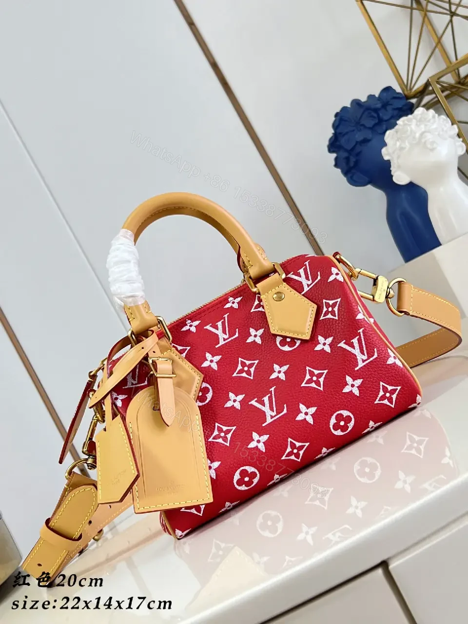 View 3 of Red & Beige LV Monogram Top-Handle Bag with Gold Hardware