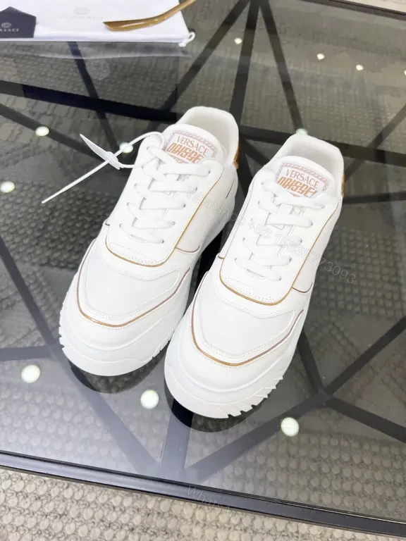 White Leather Luxe Sneaker with Gold Accents, Versace-Inspired — view 1