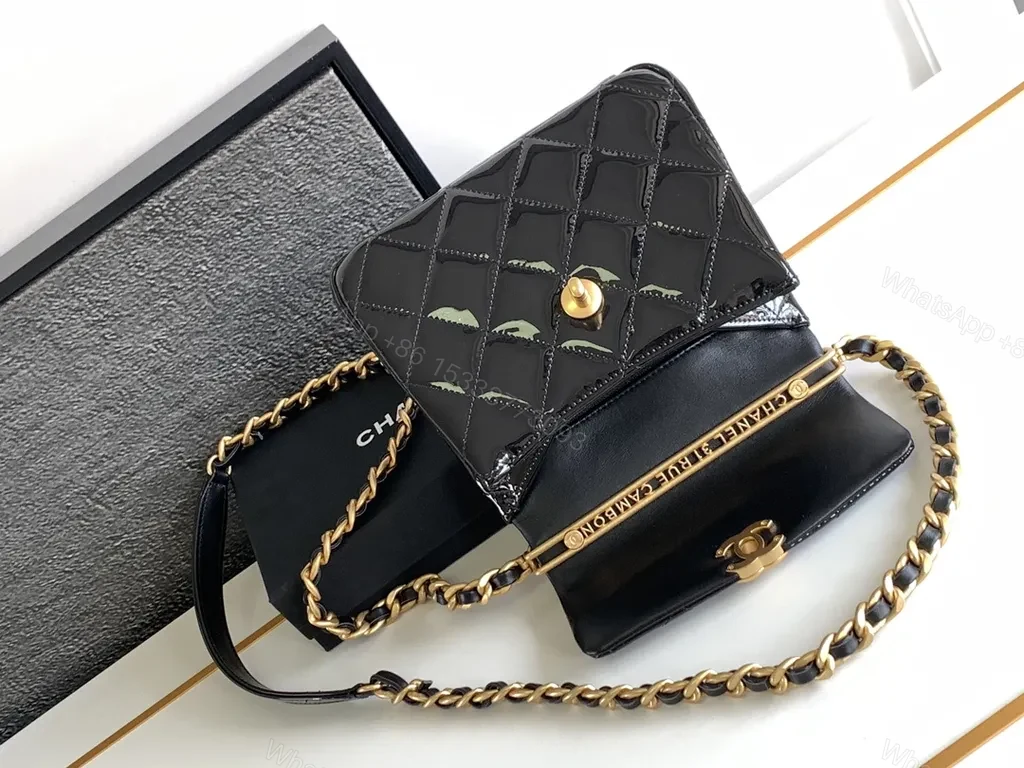 View 7 of Black Satin Mini Bag with Gold Chain - Lux-Influenced Style