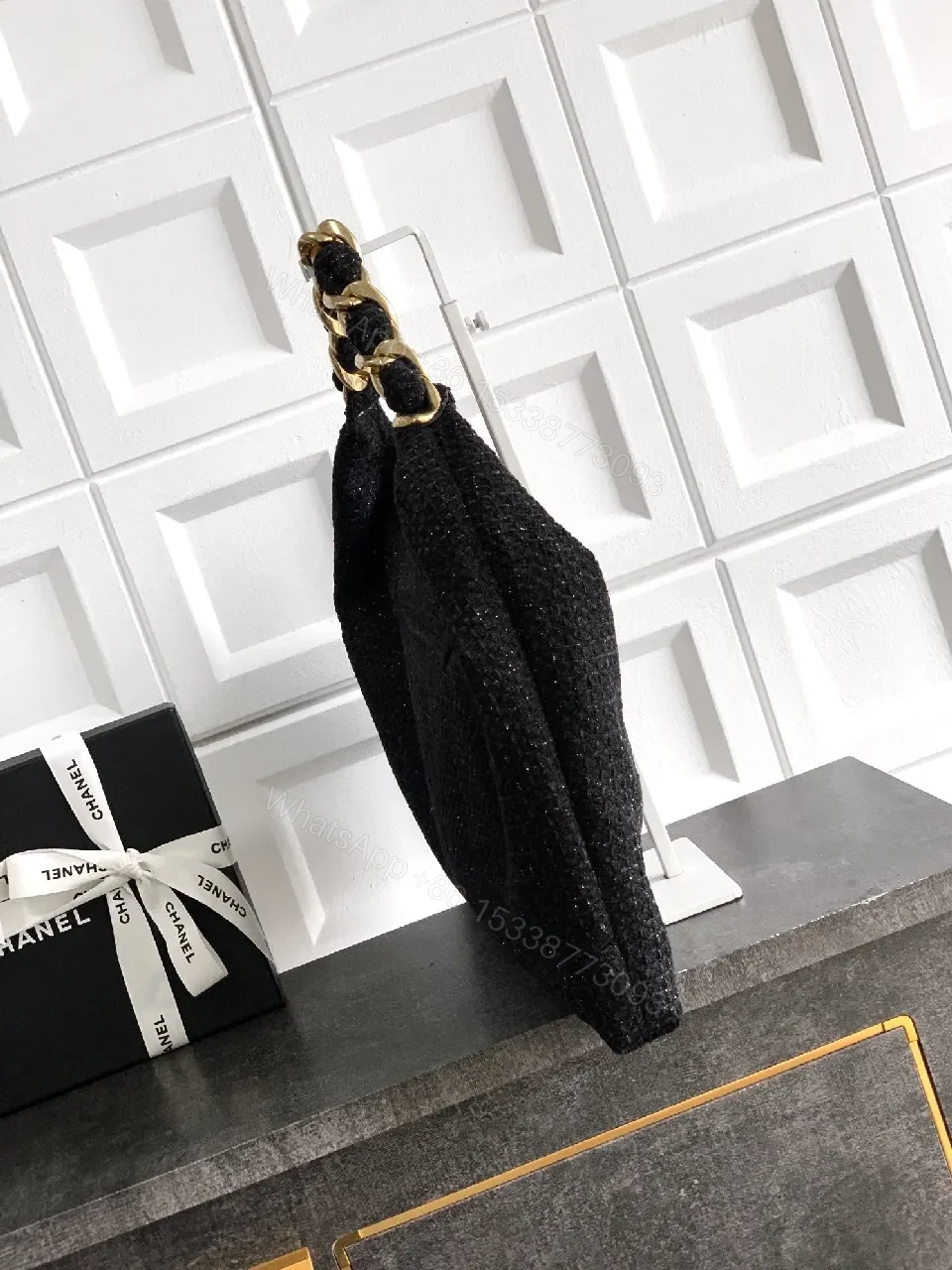 View 5 of Black Tweed Mini Bag with Gold Chain - Luxe Style
