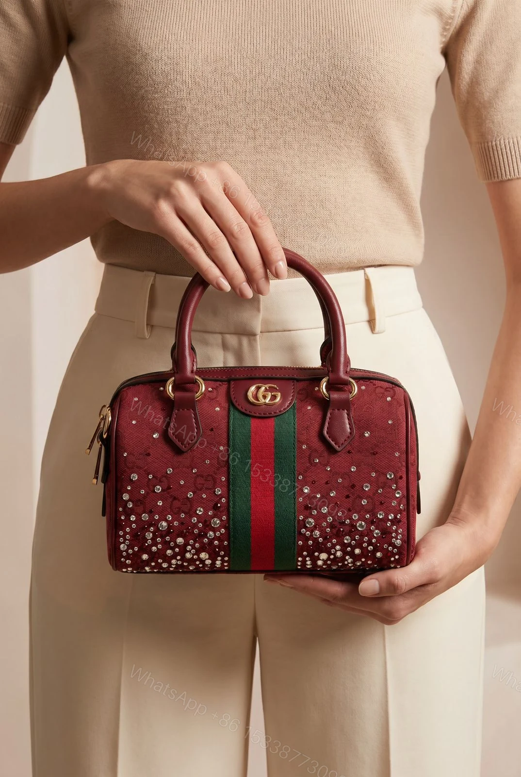 View 3 of Gucci Ophidia Crystal Boston Bag Maroon First Copy | 12@ AAA+ Premium Replica