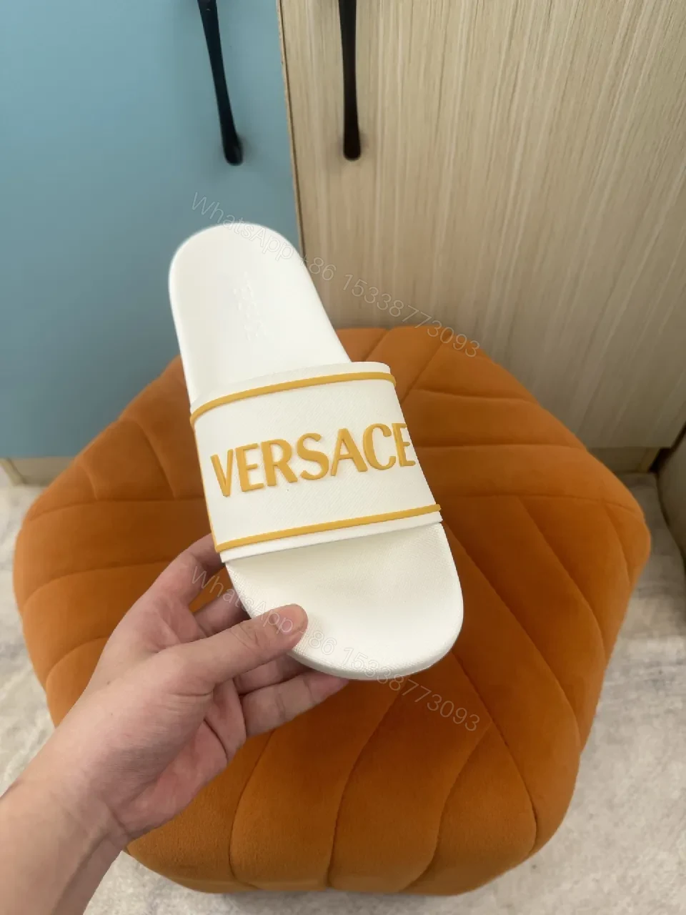 View 5 of White & Yellow Versace-Trim Slide Sandals: Luxe Comfort Sliding