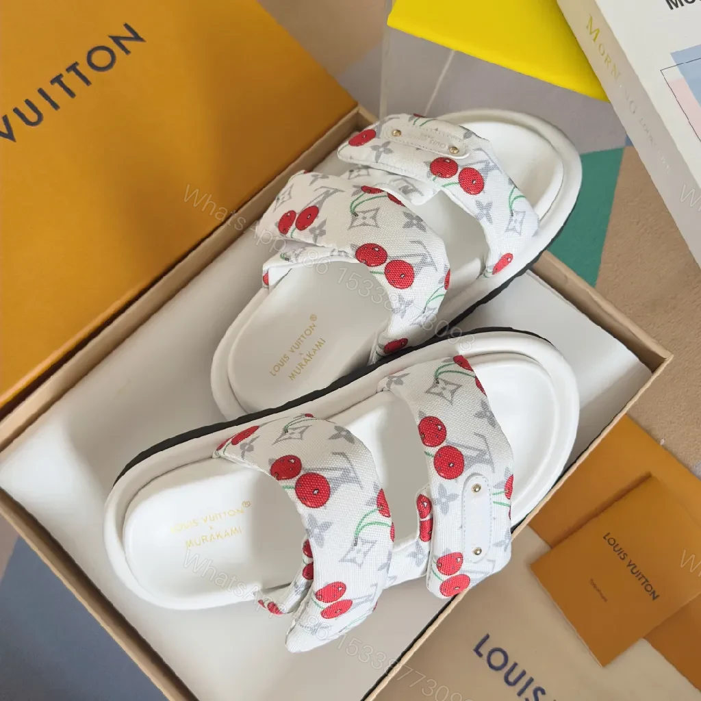 View 4 of White Canvas Cherry-Print Slides with Monogram, Velcro Strap, Comfort