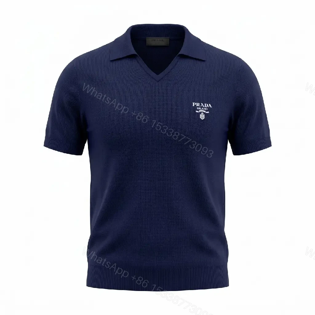 View 7 of Navy Knit Polo V-Neck Top with Crest Emblem, Short Sleeves
