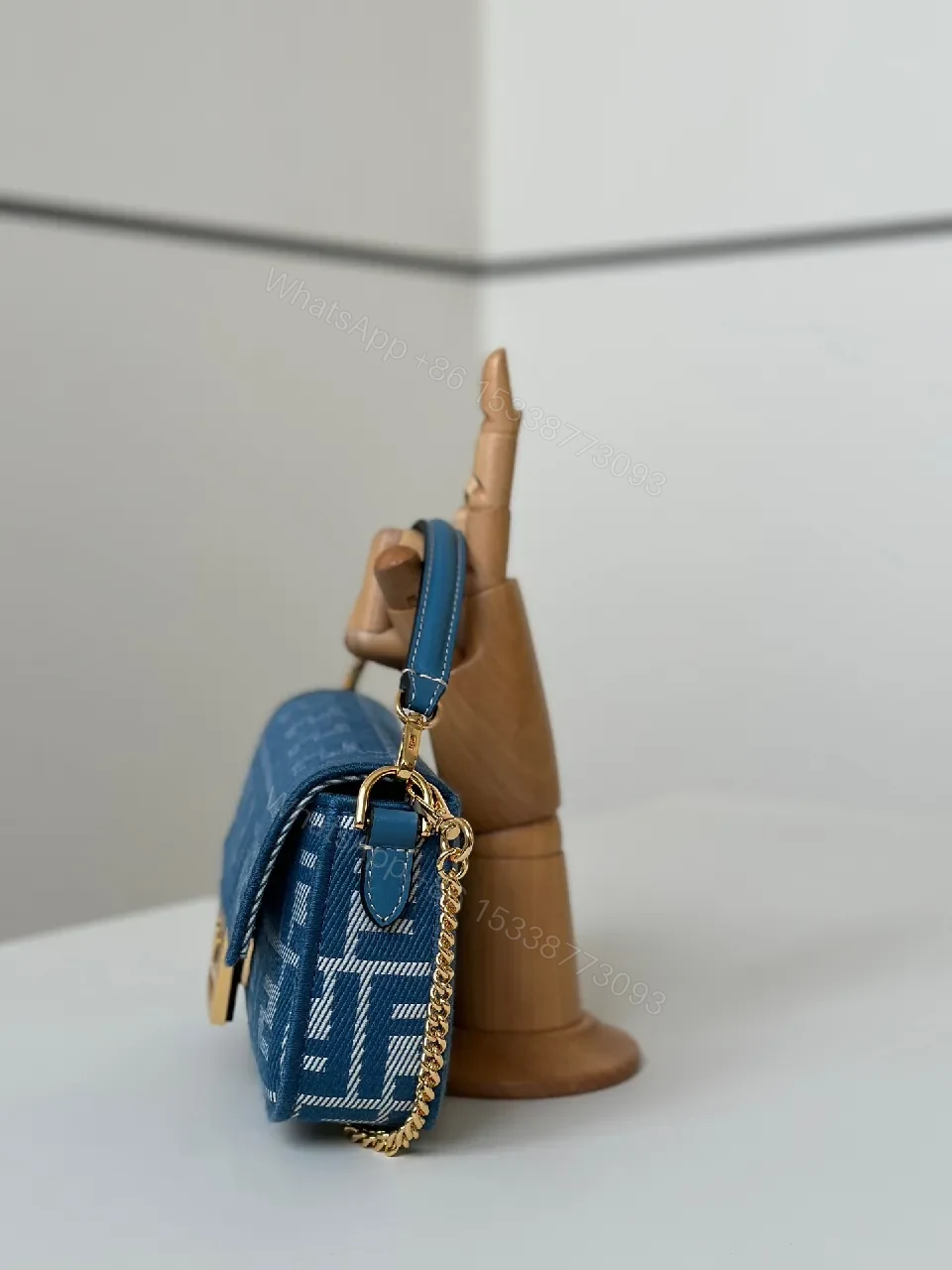 View 4 of Blue Monogram Shoulder Bag with Gold Hardware