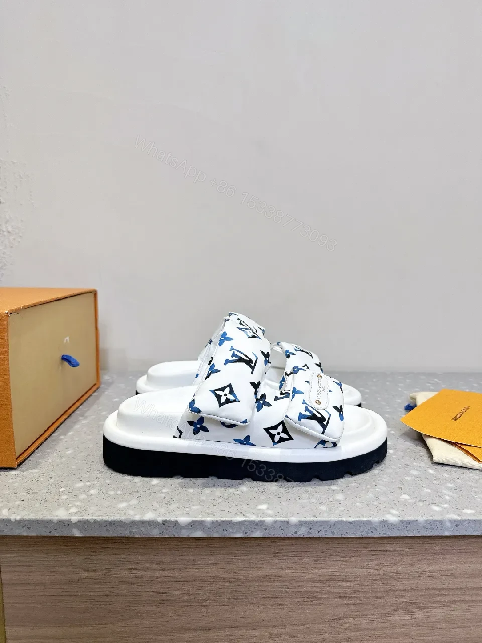 View 6 of White & Navy Designer-Inspired Slides: Bold Comfort, Monogram Style