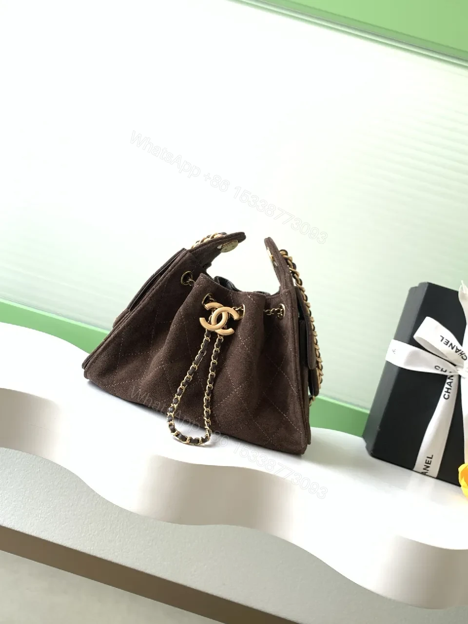 Brown Velvet Quilted Shoulder Bag with Gold Chain — view 1