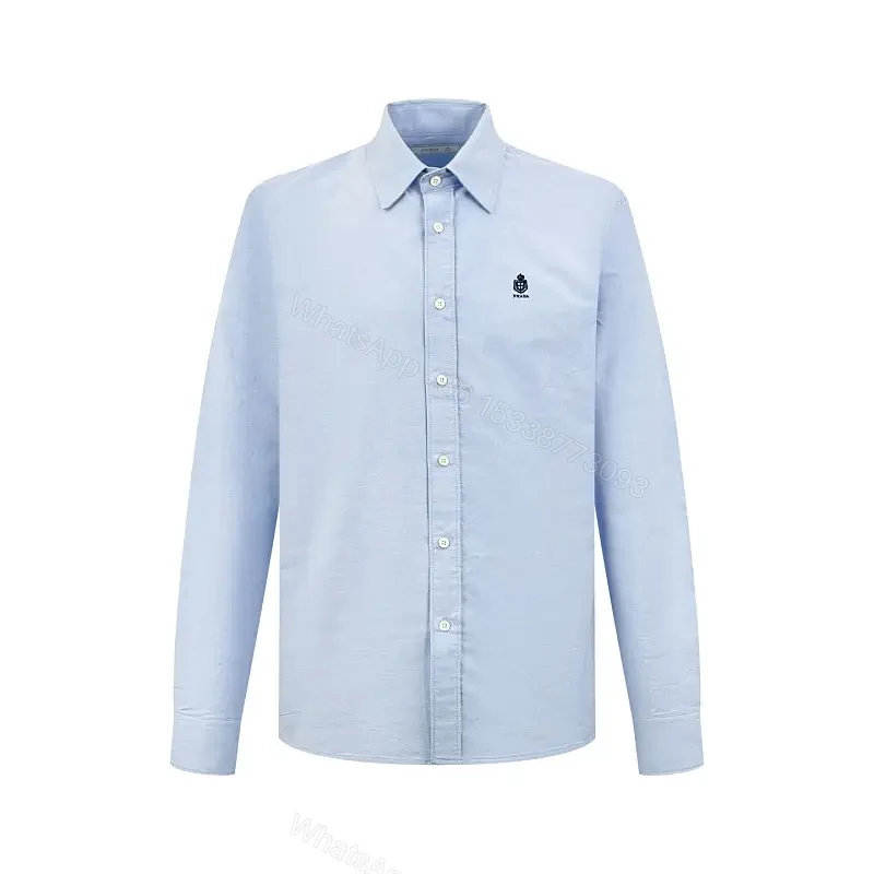Light Blue Cotton Button-Down Shirt, Classic Fit, PRADA Logo — view 1