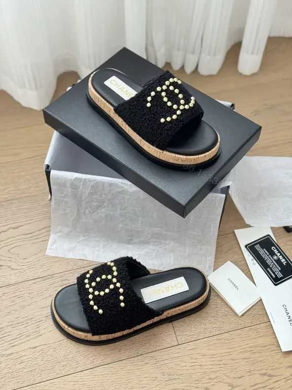 View 2 of Chanel-Inspired Black Knit Slides with Gold Logo Accents