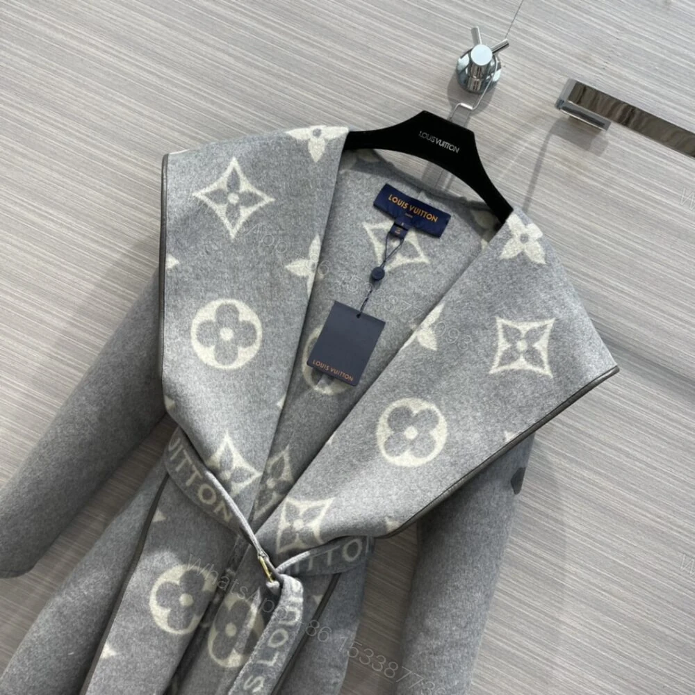View 4 of Louis Vuitton Belted Double Sided Hooded Wrap Coat Gray 1A92VF