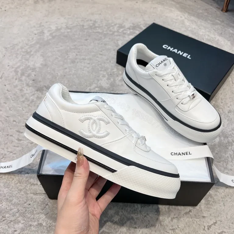 View 8 of Chanel-Inspired White Leather Sneakers with Hardware