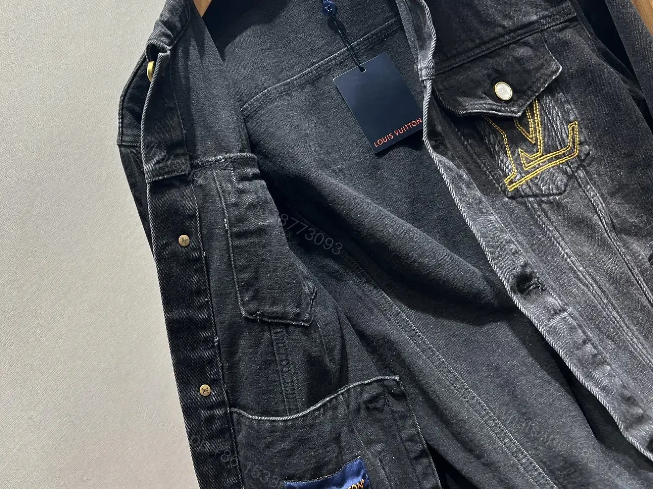 View 5 of Oversized Black Denim Jacket with Gold Monogram Embroidery