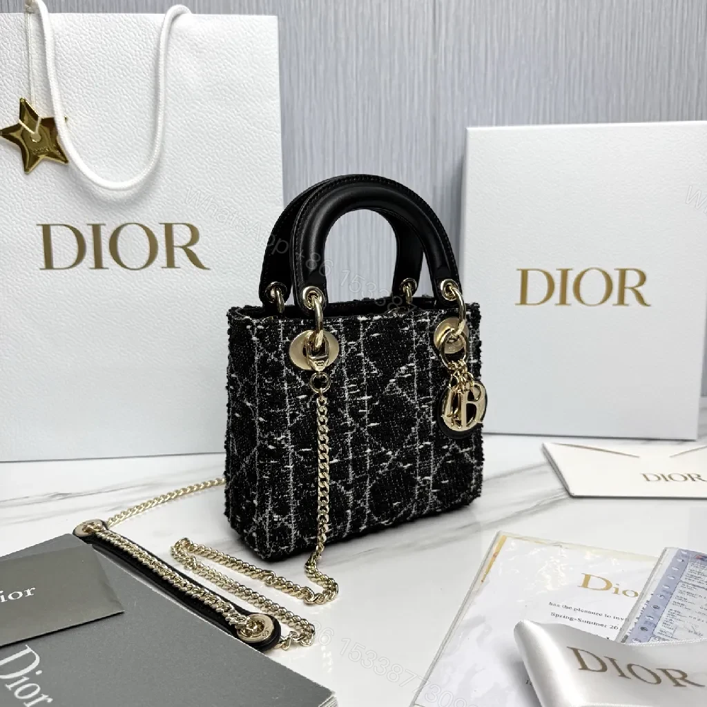 View 7 of Chic Tweed Mini Bag with Gold Charms - Black / White