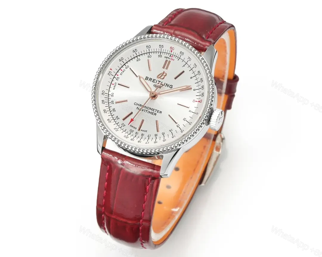 View 2 of GF Factory Breitling Women’s Navitimer Automatic Watch – Silver Dial with Red Leather Strap
