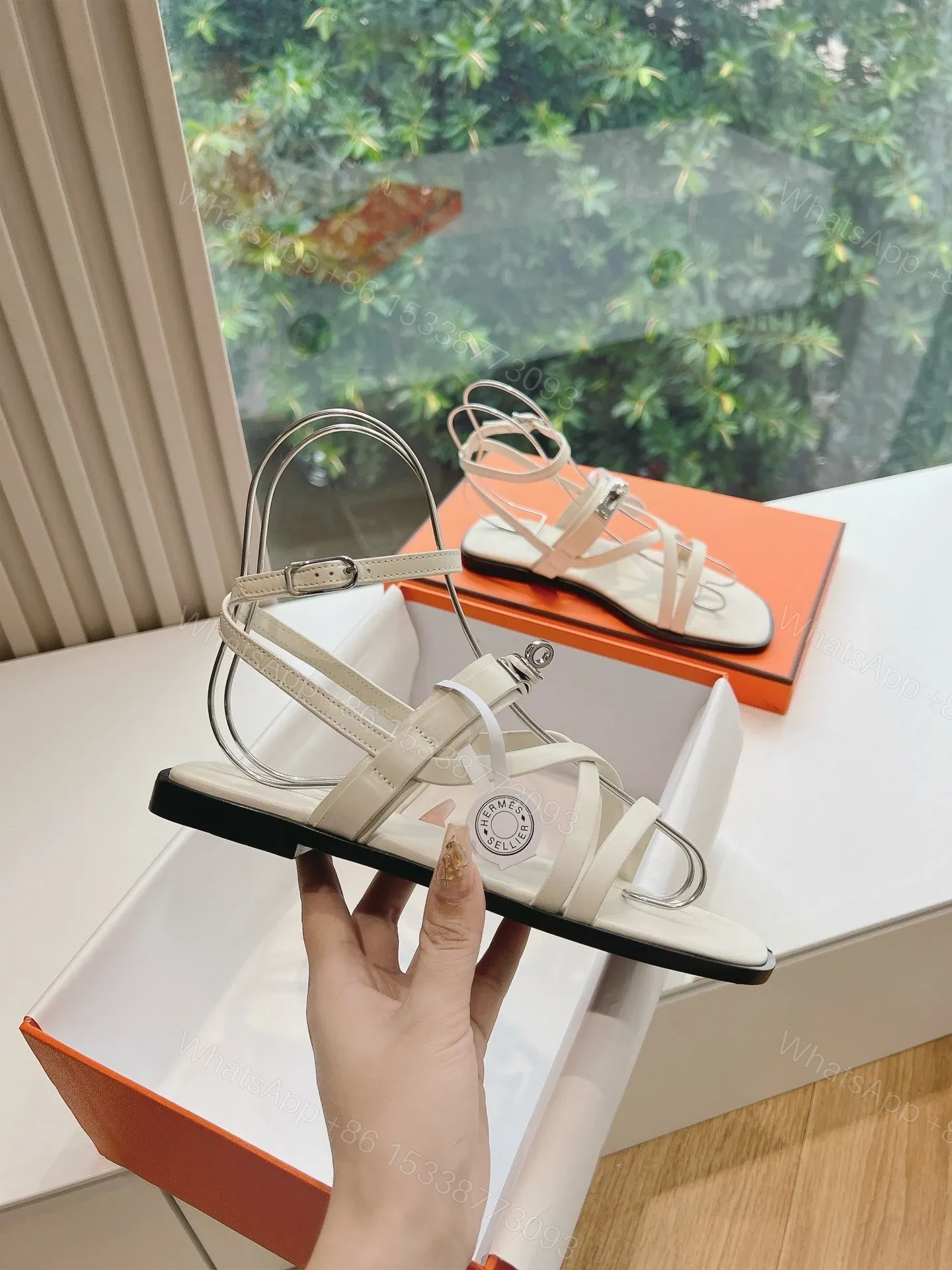 View 5 of Hermes Women White Leather Strappy Sandals