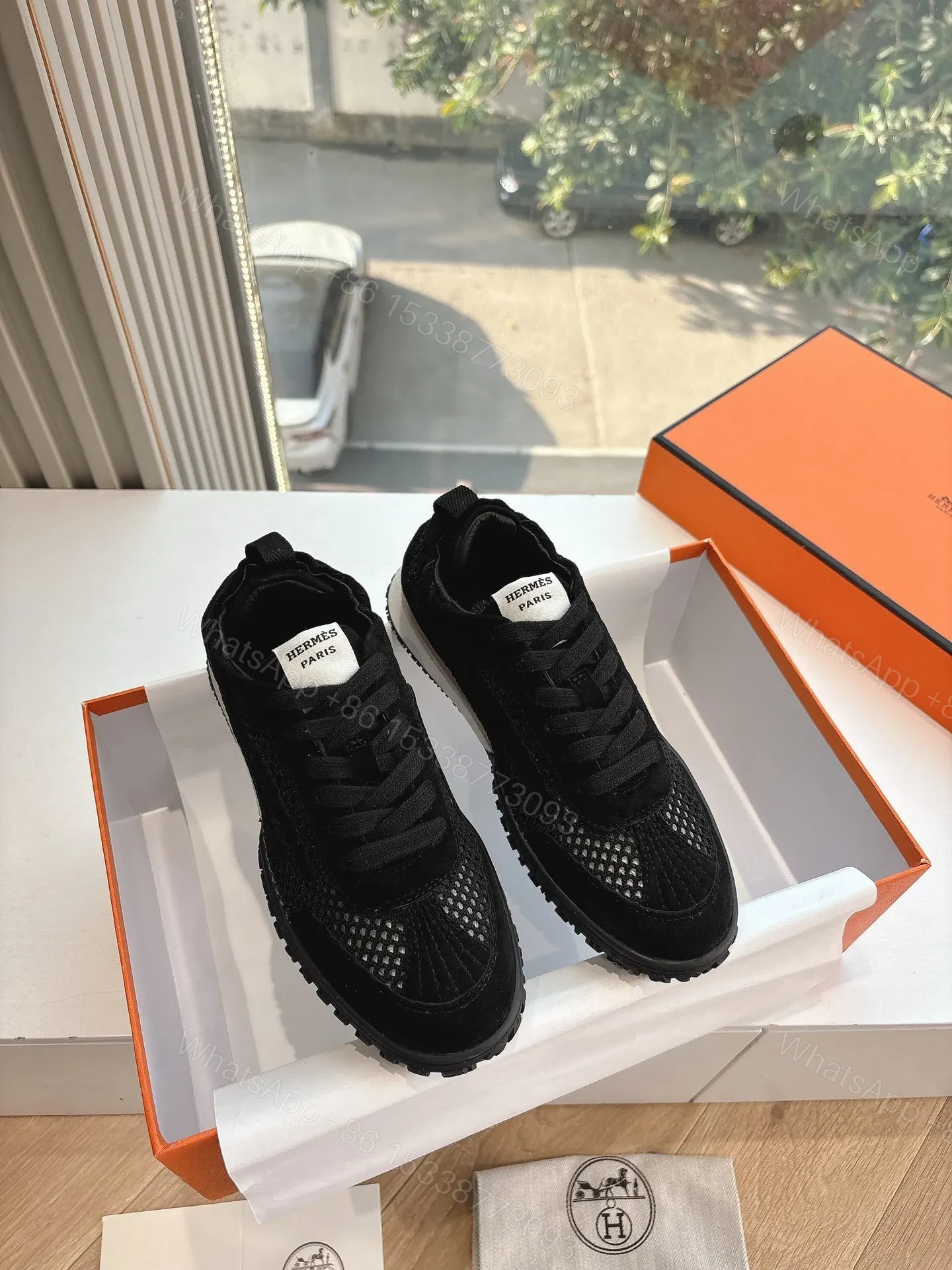 View 3 of Hermes Women Black Suede Mesh Sneakers