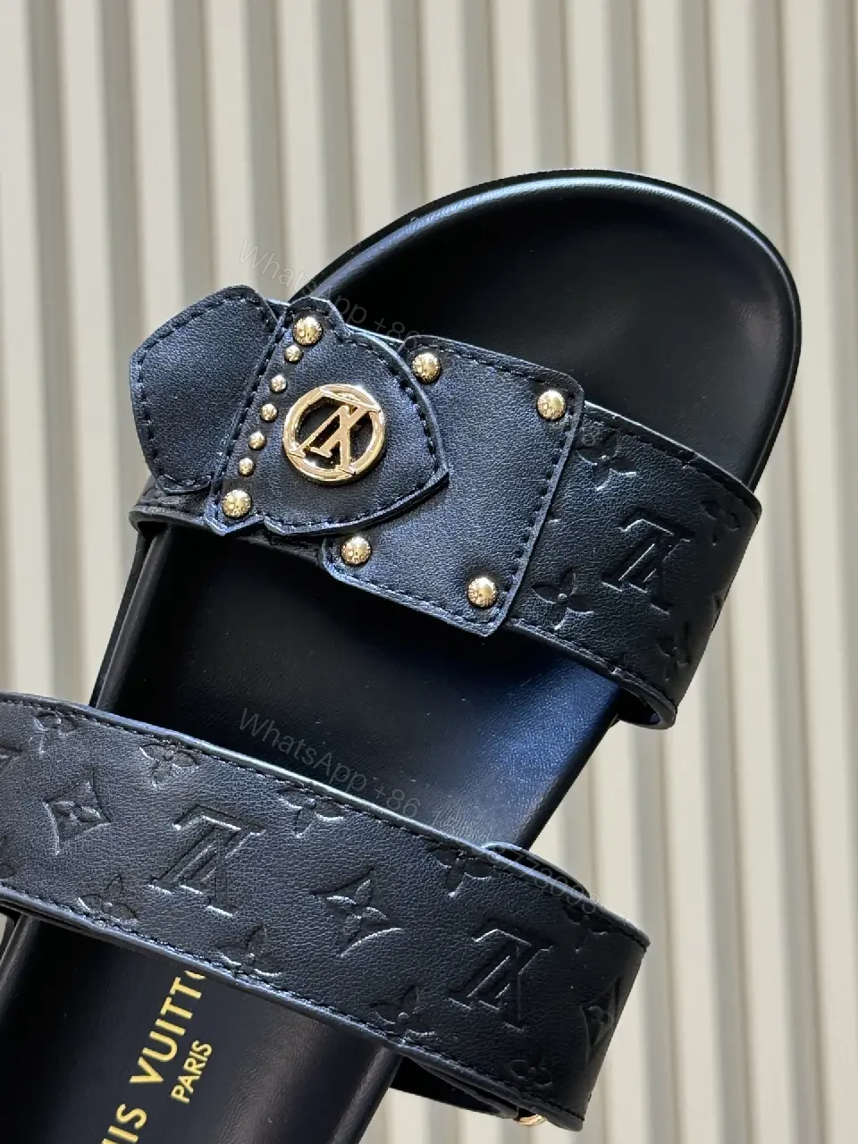 View 7 of Black Leather Slides Louis Vuitton Style Slide Sandals