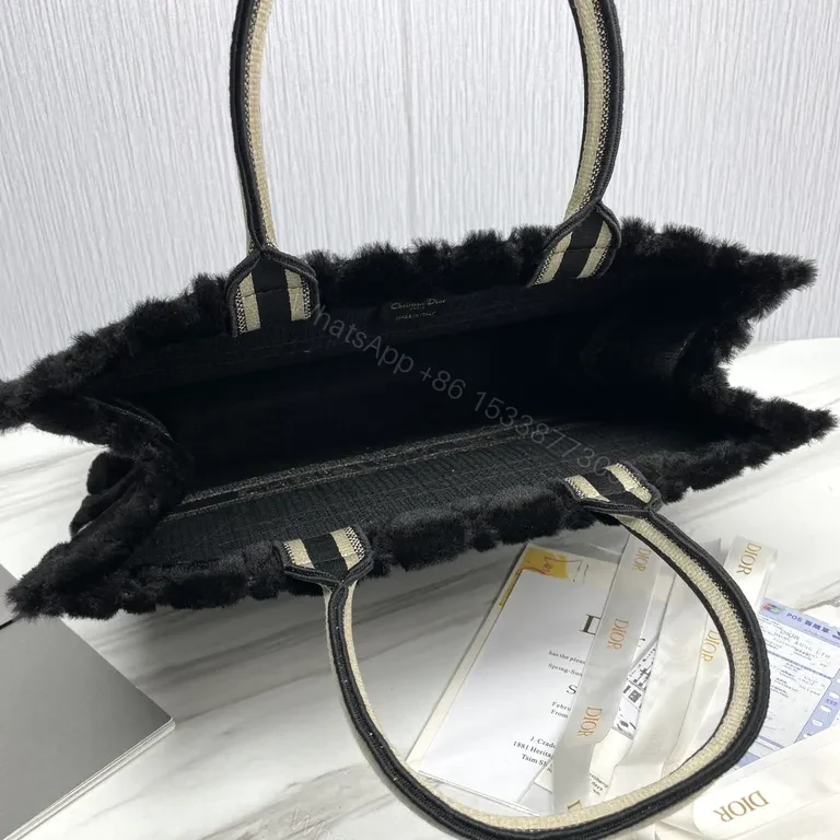 View 2 of Statement Black BouclÃ© Fur Tote with Dior Band Bag