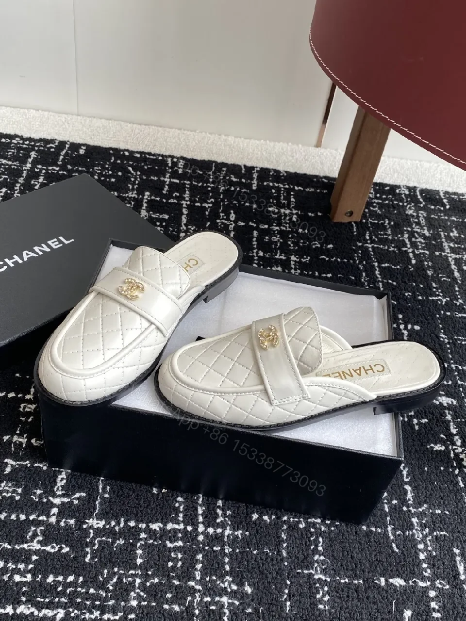 Quilted White Leather Slides - Gold Hardware Luxury Slip-Ons — view 1