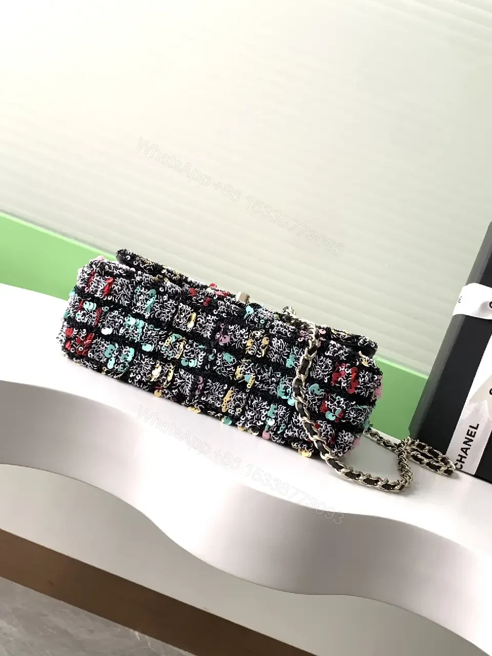 View 10 of Multicolor Tweed Chain-Shoulder Bag with CC Logo Clasp