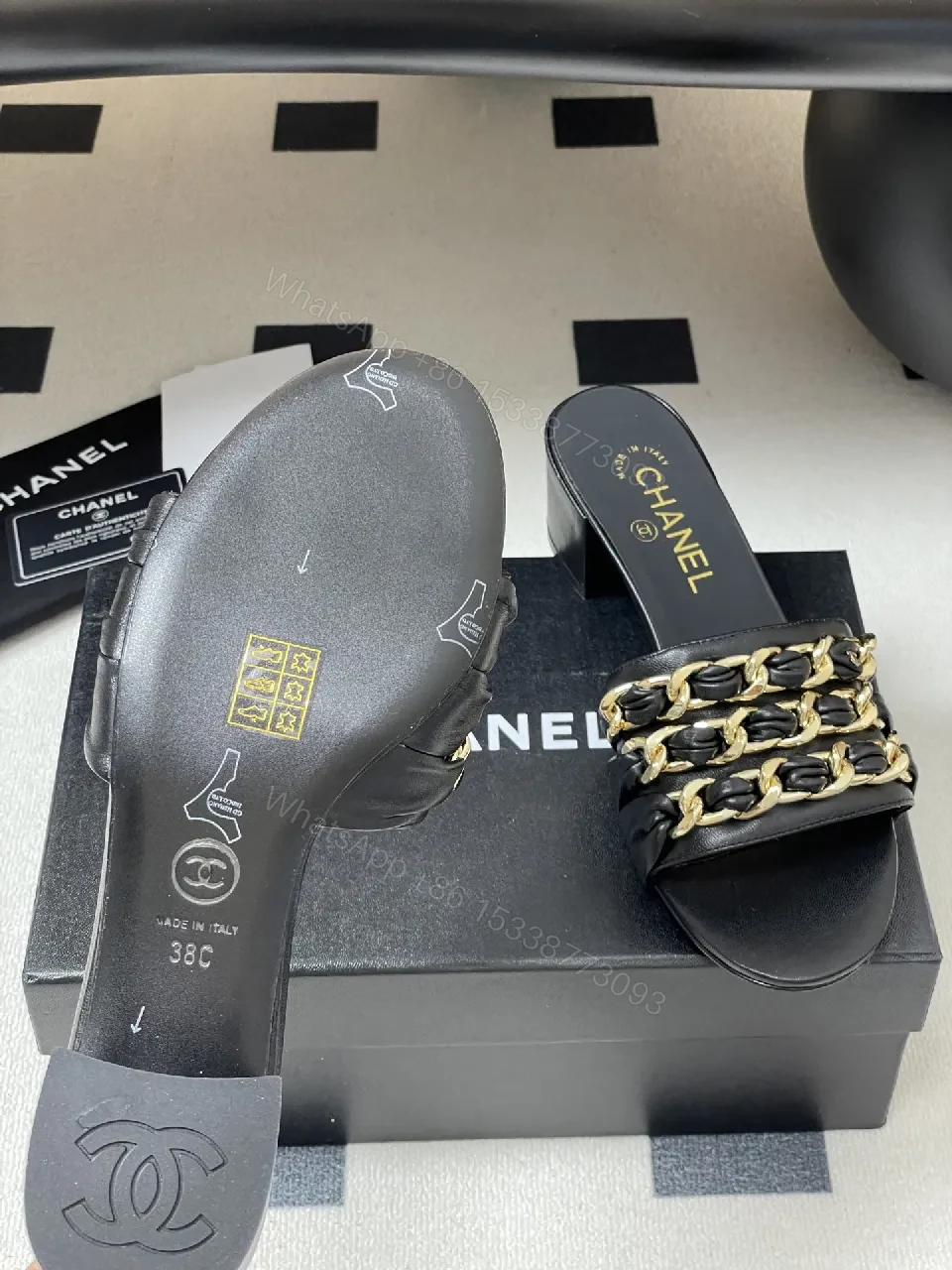 View 8 of Black Leather Slide Sandals with Gold Chain Detail: Luxe Everyday